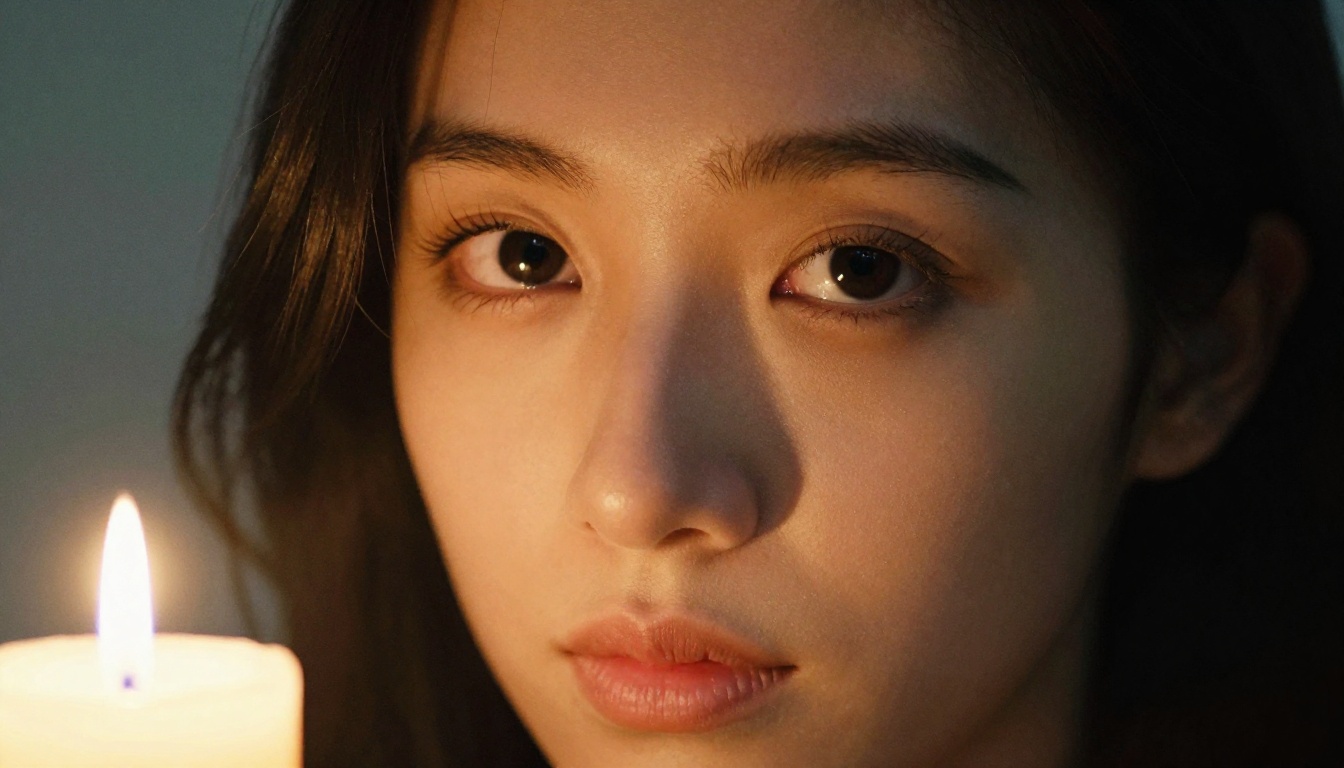 Extreme close-up cinematic portrait lit by candlelight with one half in shadow
