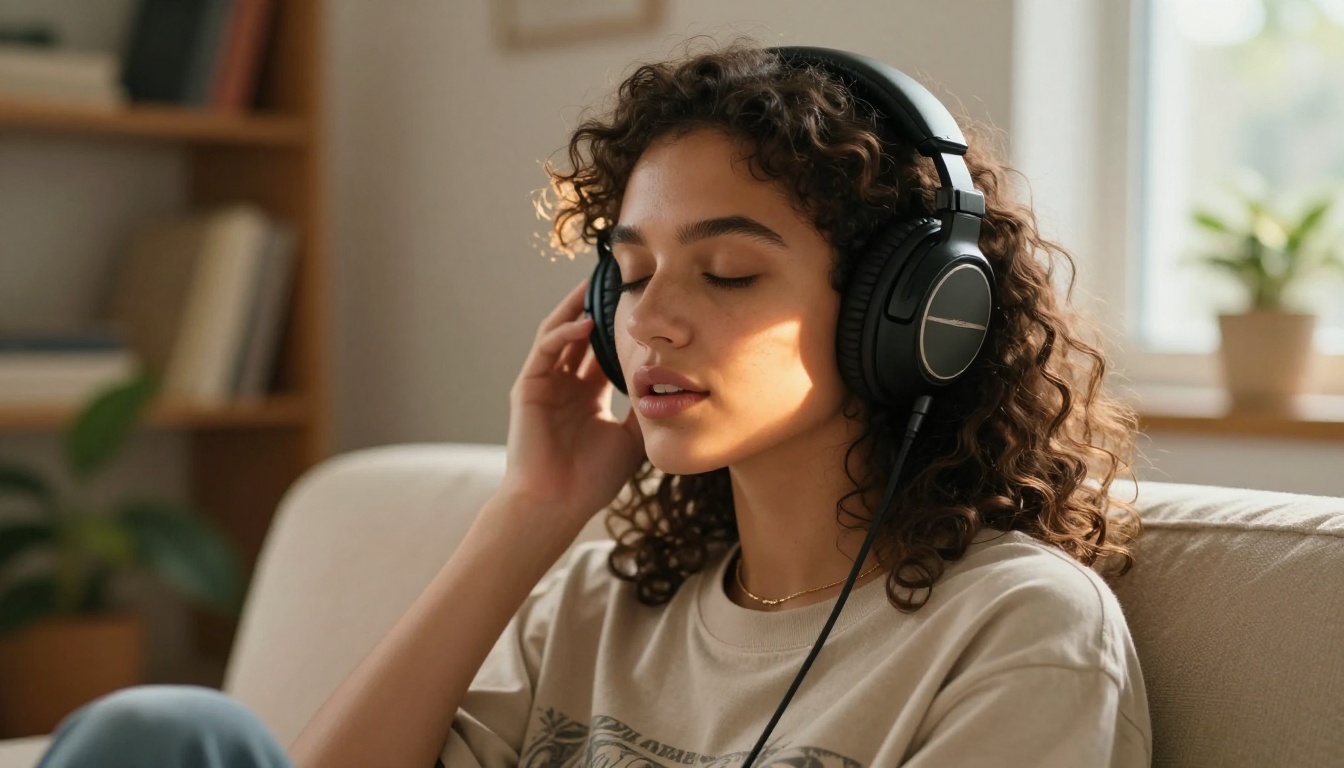 Young woman with headphones, eyes closed, listening to AI-generated music
