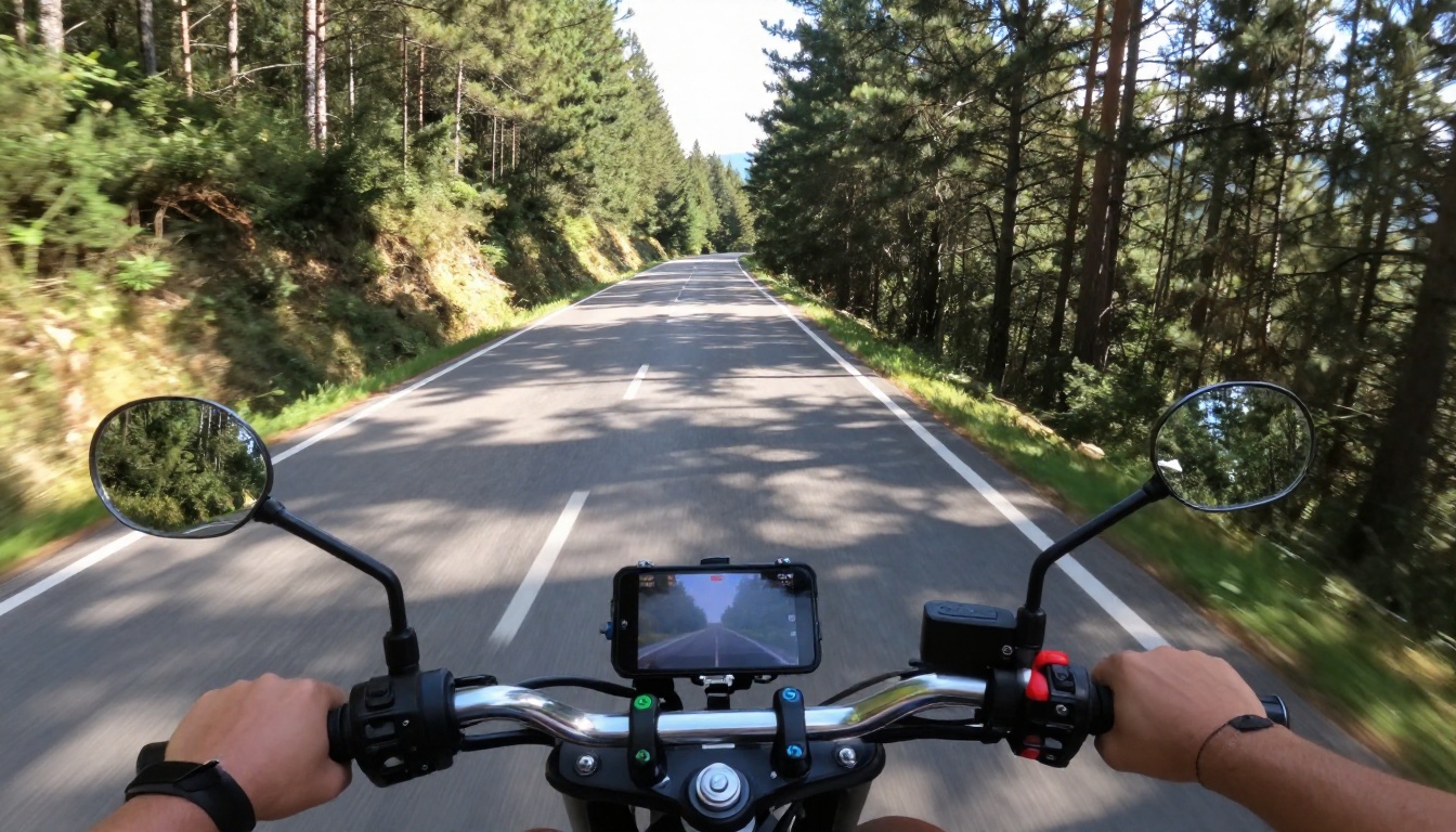 Smartphone mounted on motorcycle handlebar recording winding mountain road POV
