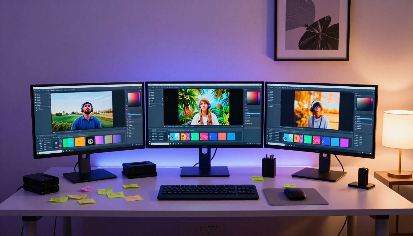 Multi-monitor workstation showing AI text-to-video interfaces with colorful video frames