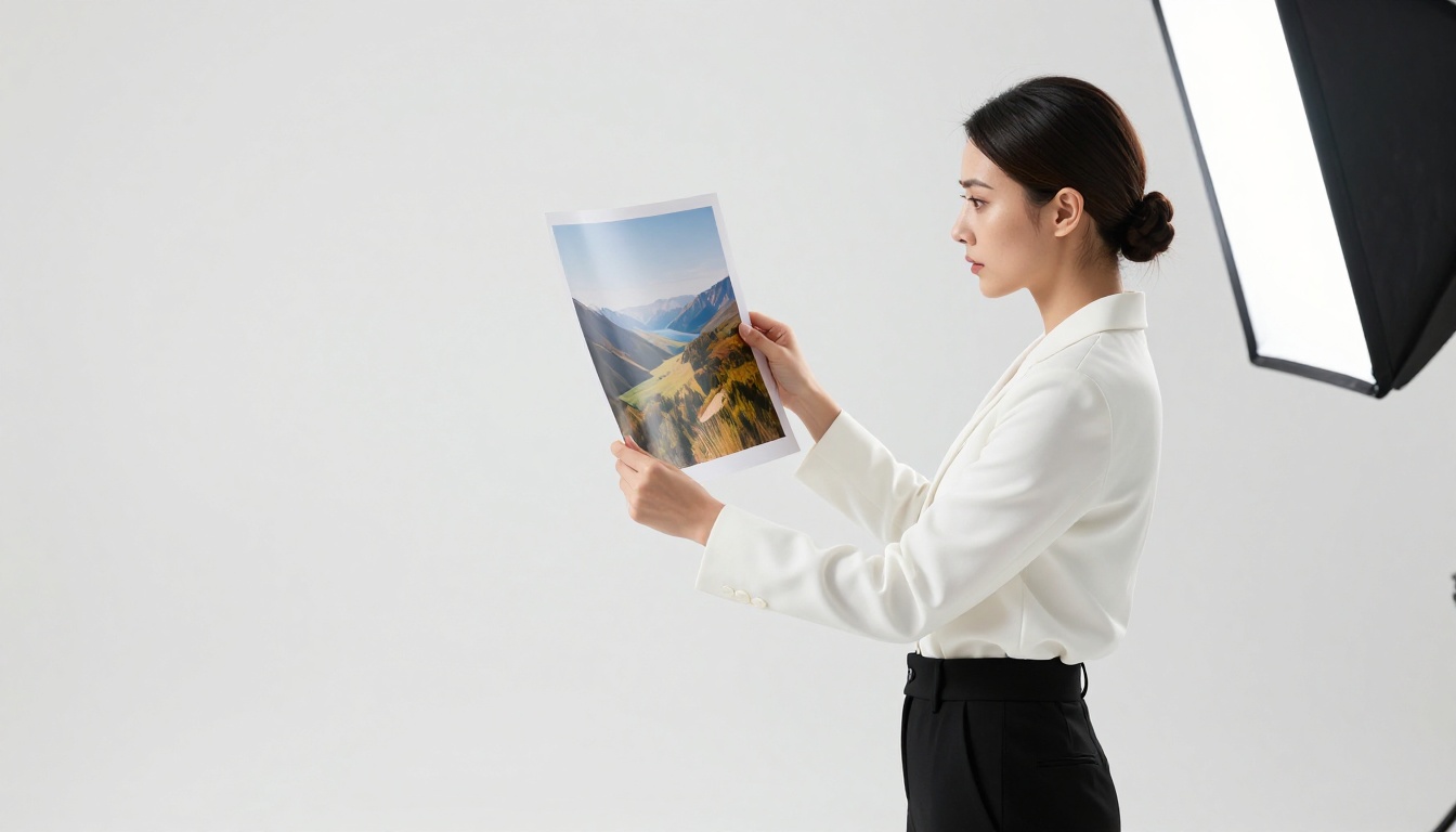 Woman examining a printed photograph in a photography studio