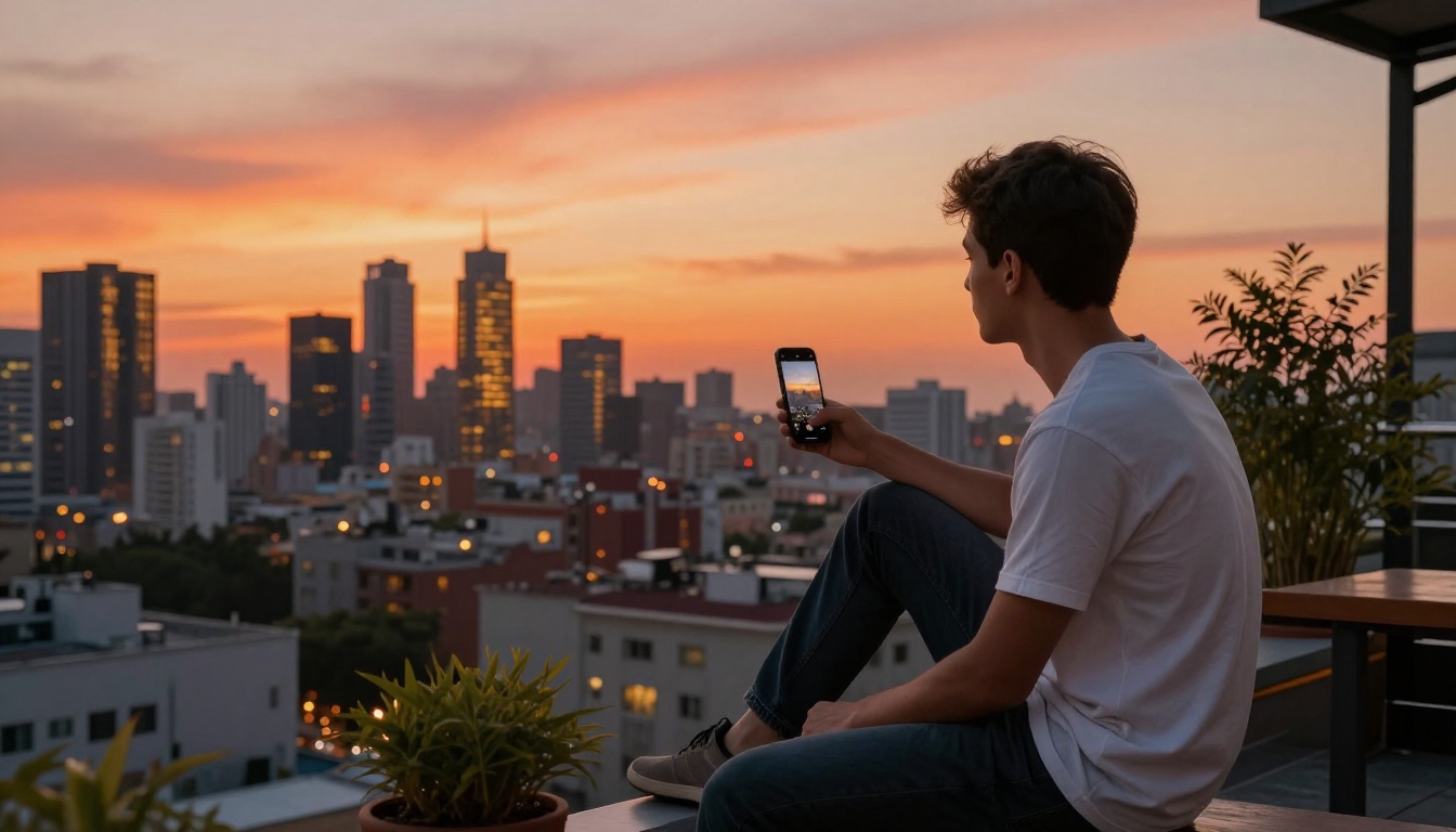 Young man recording city skyline at sunset from rooftop with smartphone