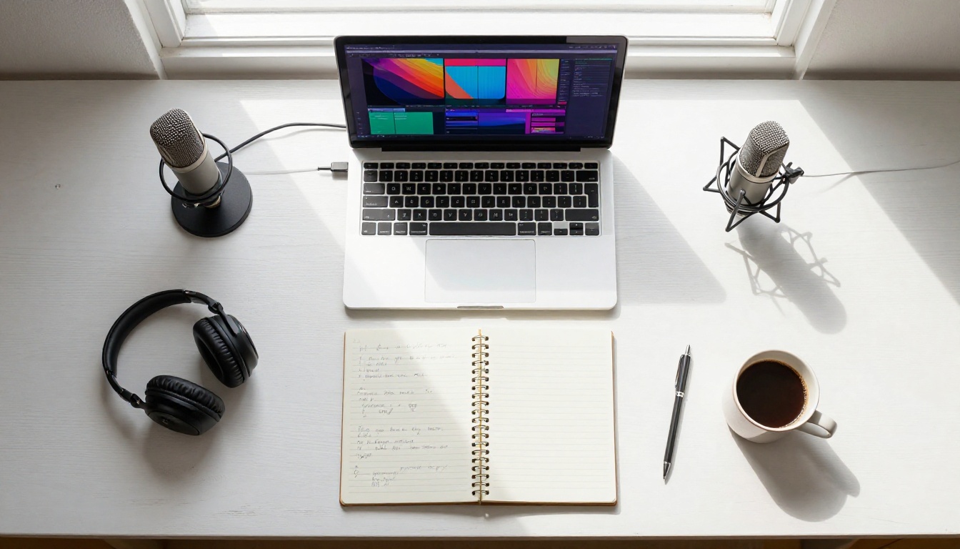 Aerial flat-lay of a creative workspace with laptop, microphone, headphones, and coffee