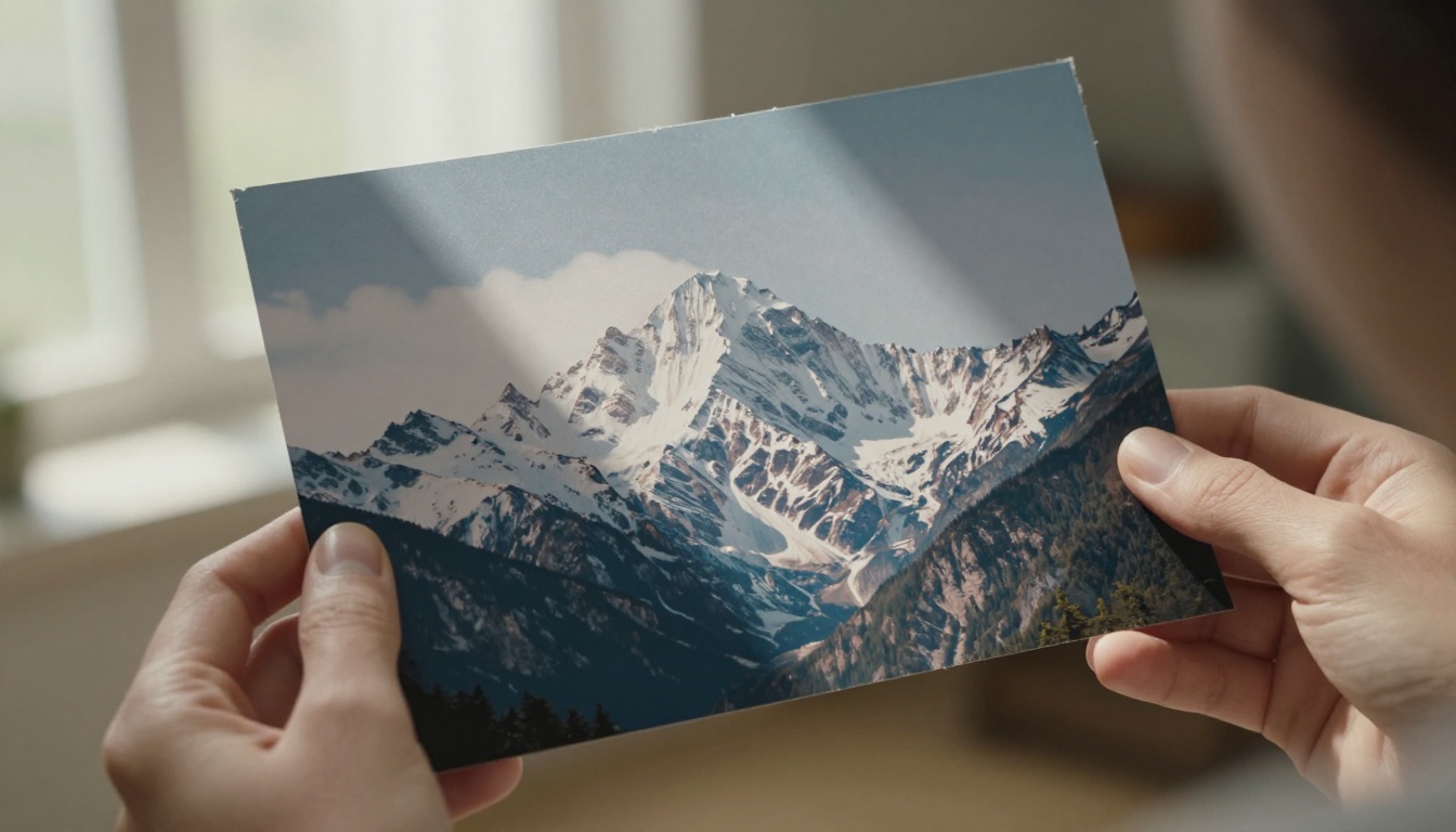 Woman's hands holding a printed mountain photograph in warm daylight