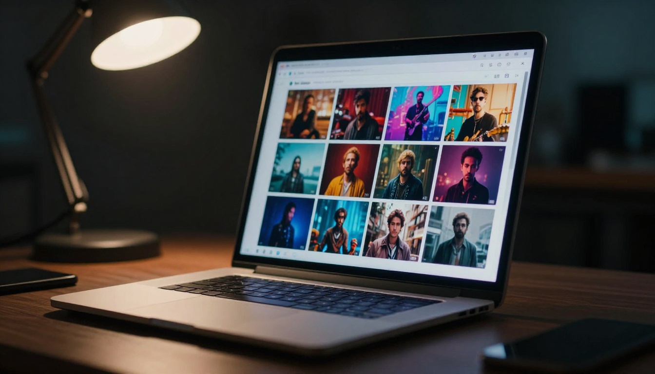 Close-up of laptop screen showing AI text-to-video platform with colorful video thumbnails
