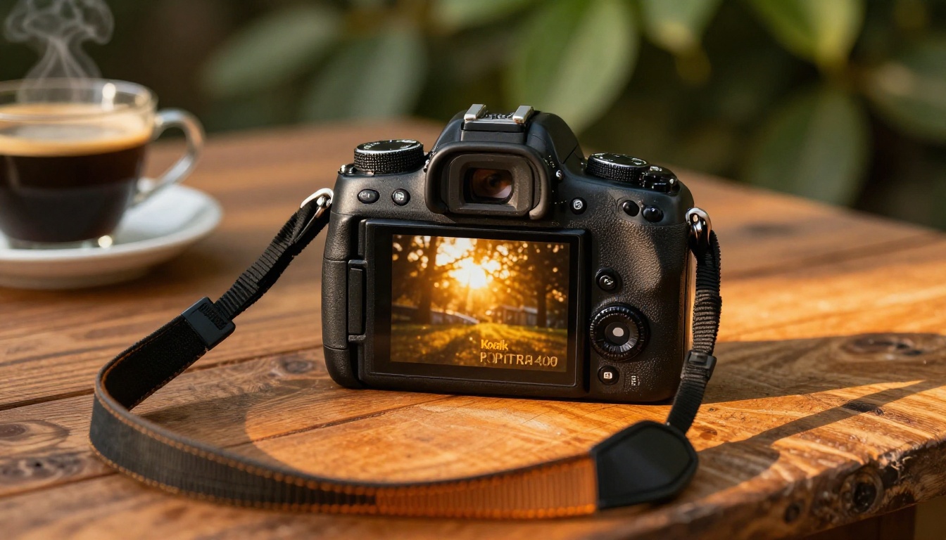 DSLR camera on outdoor wooden table displaying portrait on LCD screen