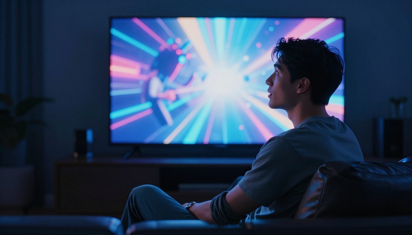 Man watching AI music video on large TV screen, face illuminated by screen glow