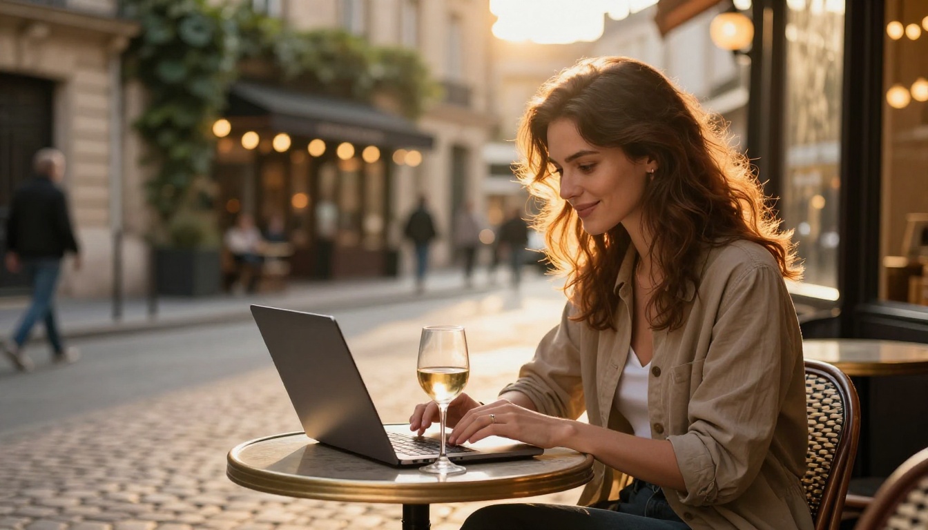Woman working on a laptop at a Parisian café during golden hour