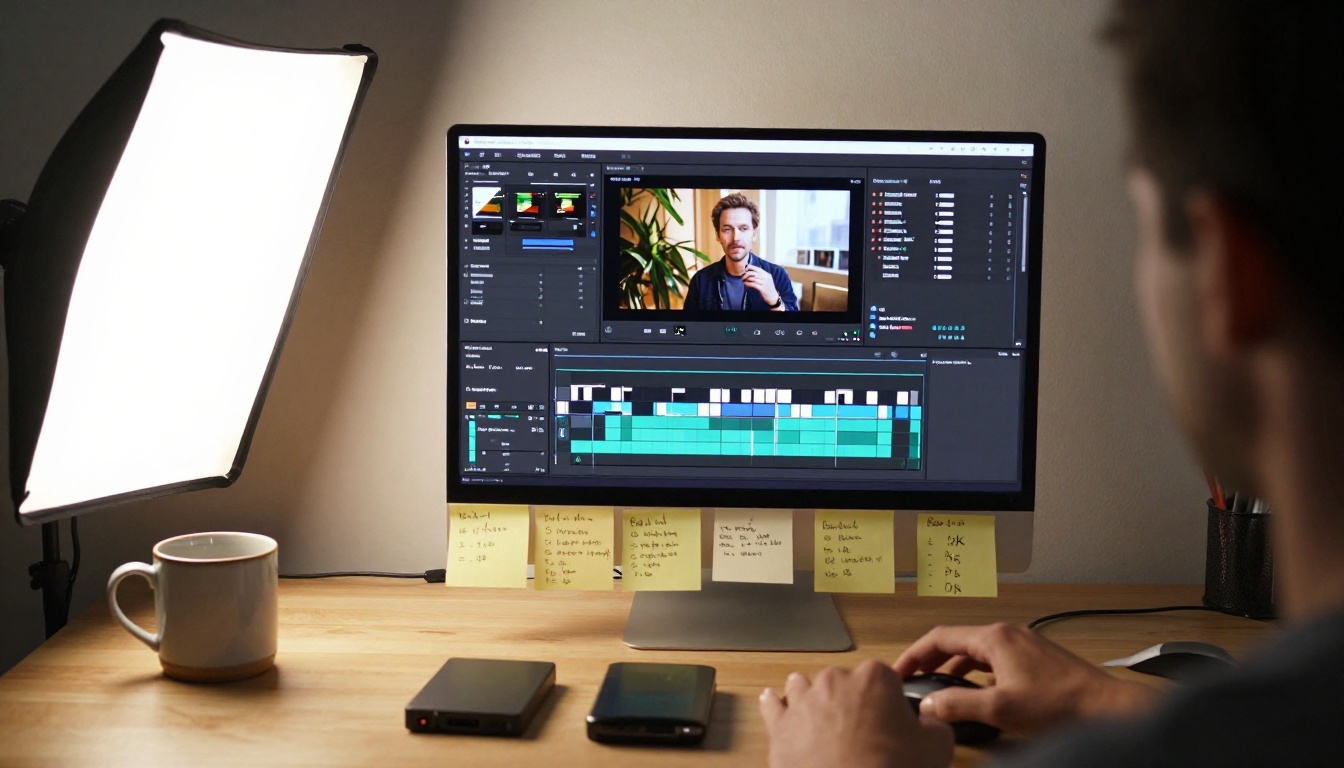 Laptop video editing timeline with photo-to-video project open