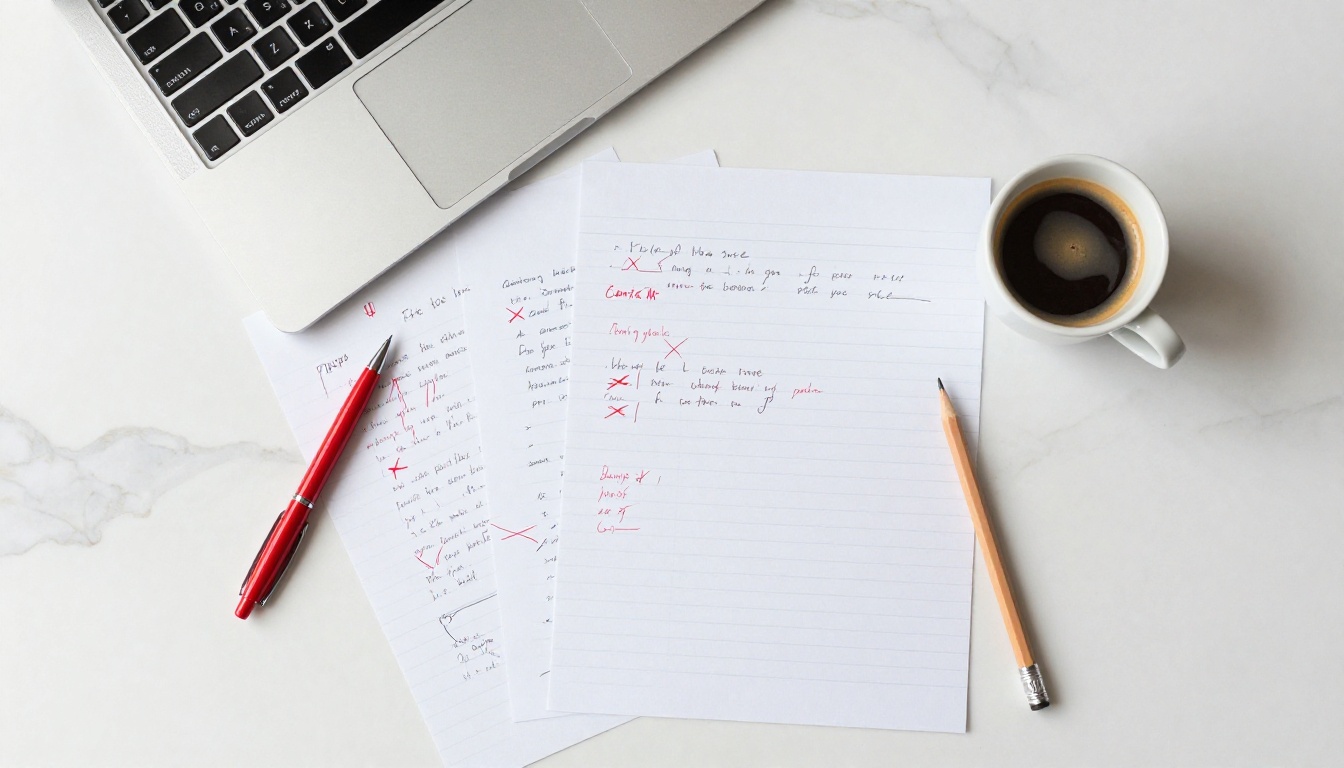 Flat lay of editing notes and espresso on marble surface