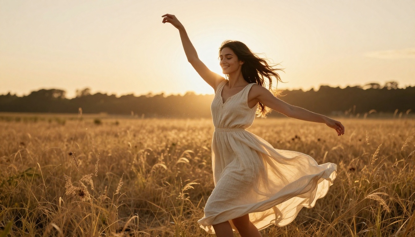 Young woman dancing freely in a golden sunlit field, flowing dress, backlit by sunset