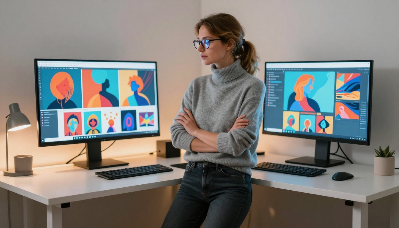 Woman studying AI image results on dual monitors