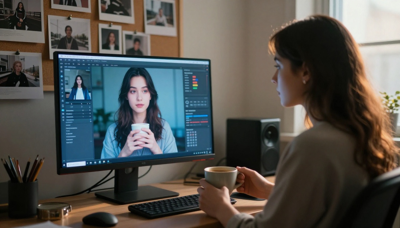 Creative woman at workstation using AI video generation interface with cork board behind her