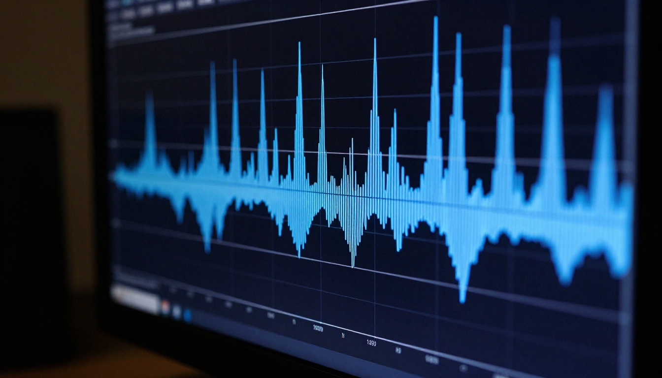Close-up of audio waveform on monitor screen, blue tones, macro photography