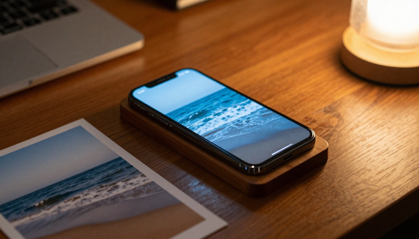 Smartphone displaying ocean wave video generated from still beach photo