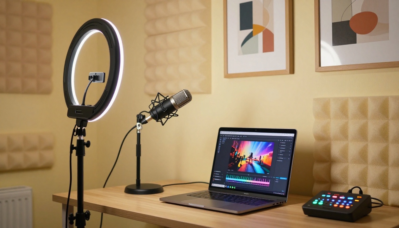 Professional home creator setup with ring light, microphone, and laptop showing a finished music video
