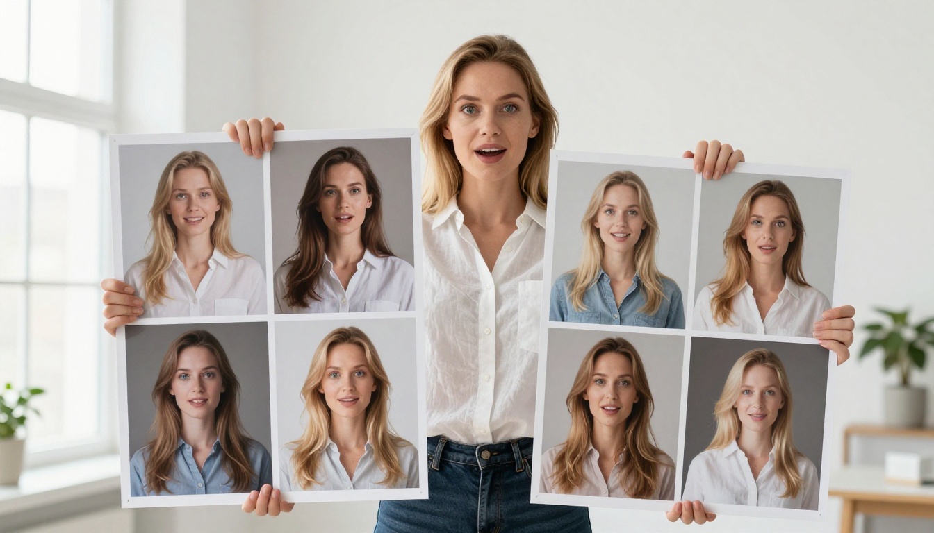 Woman holding two printed photos showing quality difference