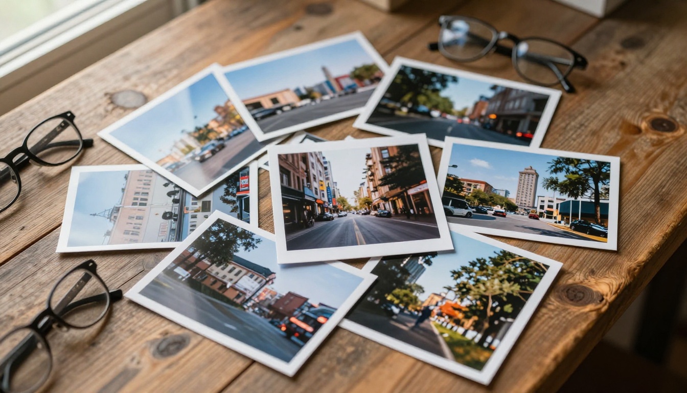 Collection of printed photographs spread across a rustic wooden table