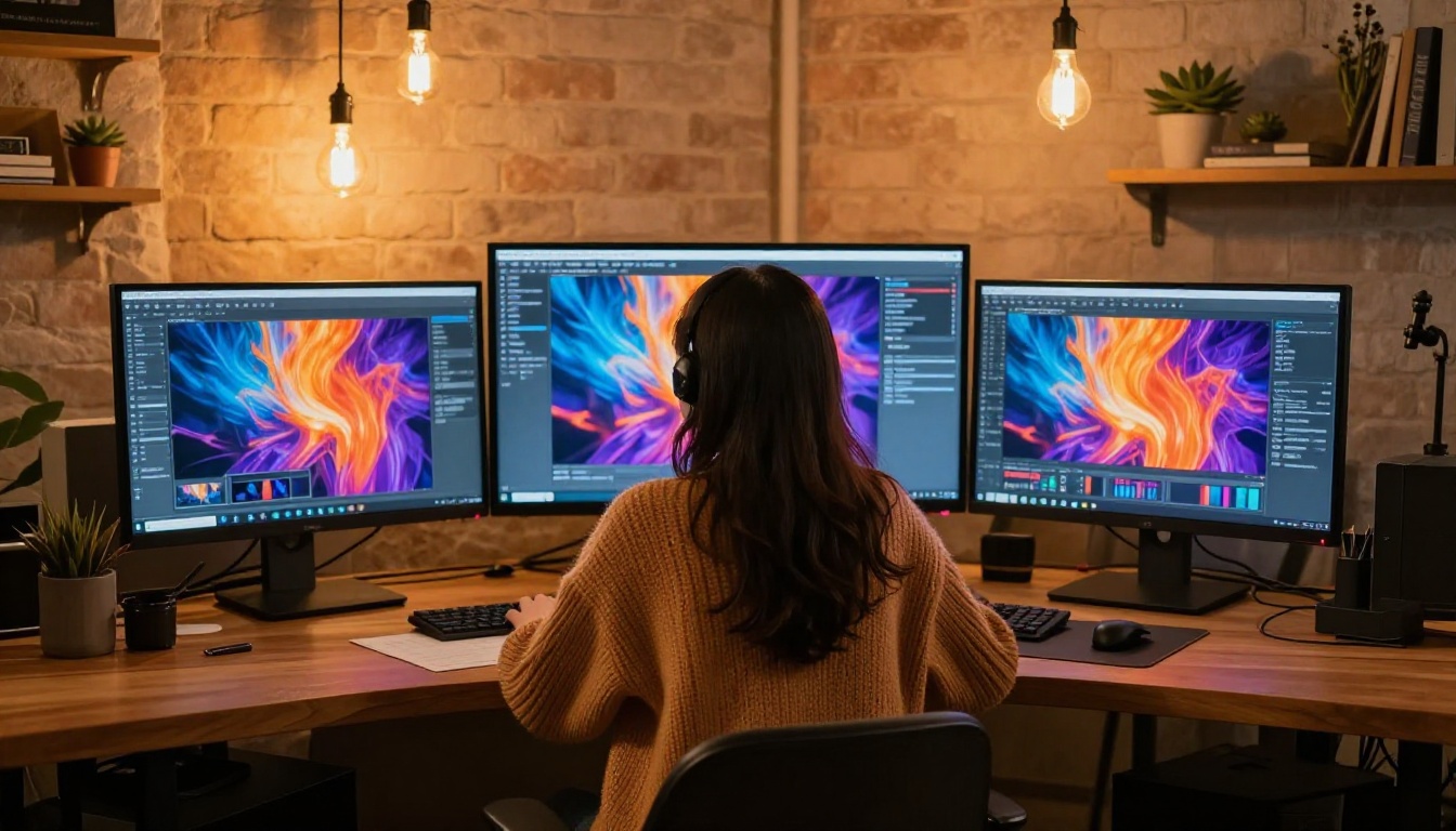 Creative woman at desk surrounded by AI-generated art on screens