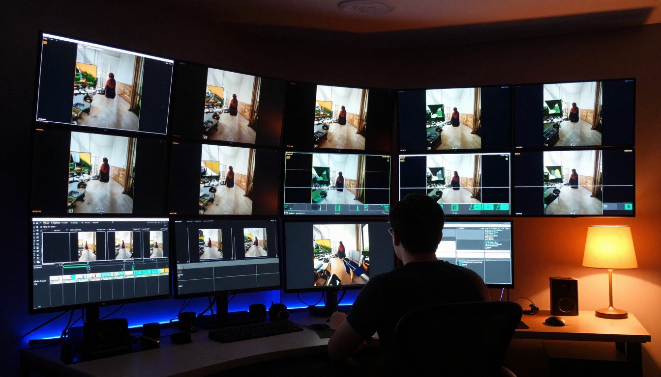 Professional video production studio with multiple monitors showing video sequences
