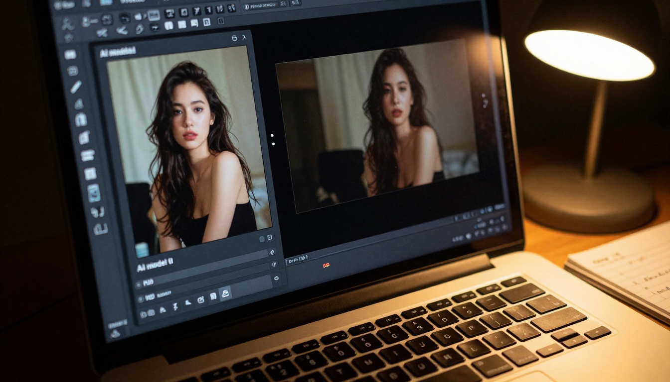 Laptop screen showing AI model interface with photo upload and video generation panels