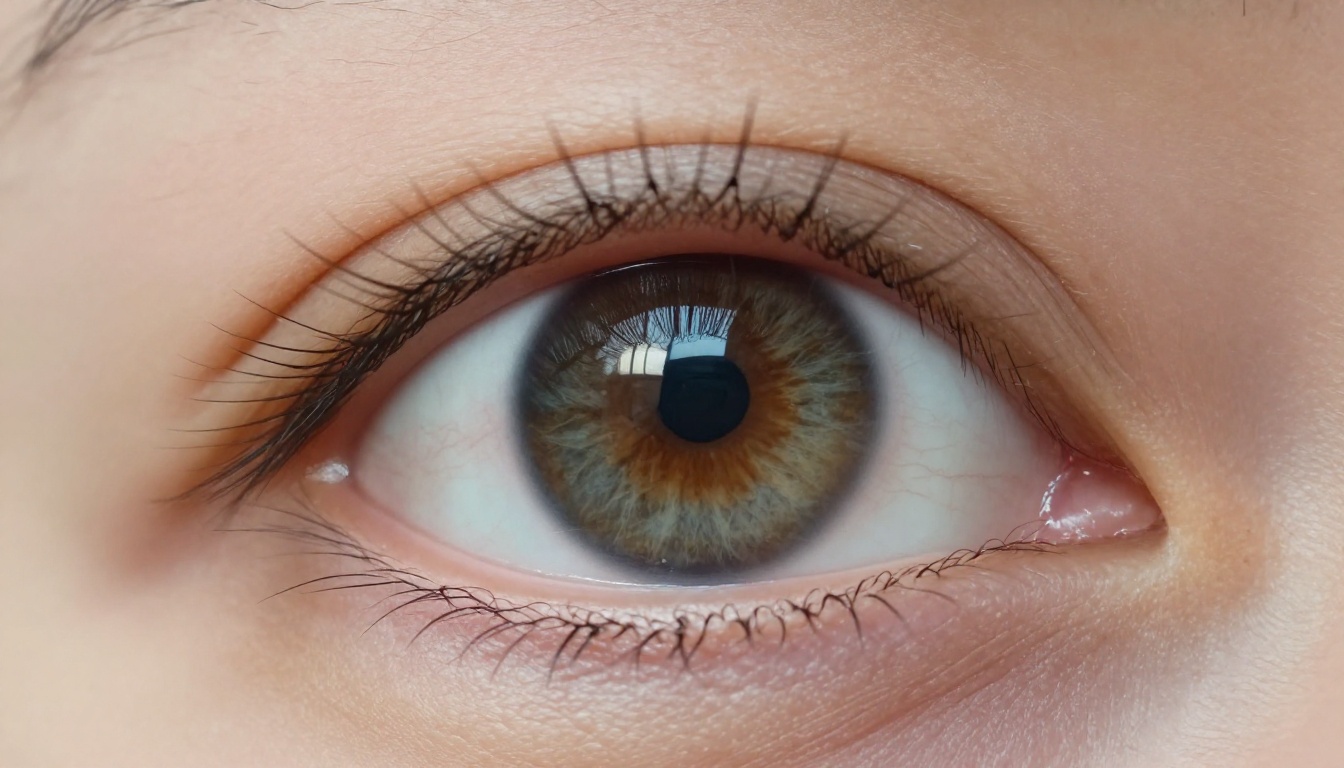 Extreme macro close-up of a human eye with hazel iris, natural skin texture, individual eyelashes and a soft catchlight