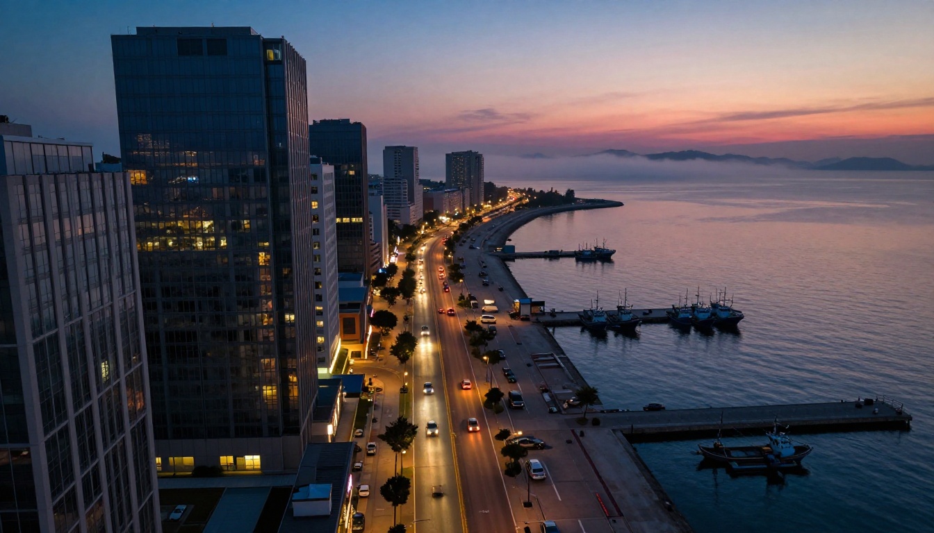 Aerial drone photograph of a coastal city at dusk with amber light reflecting off harbor water and buildings