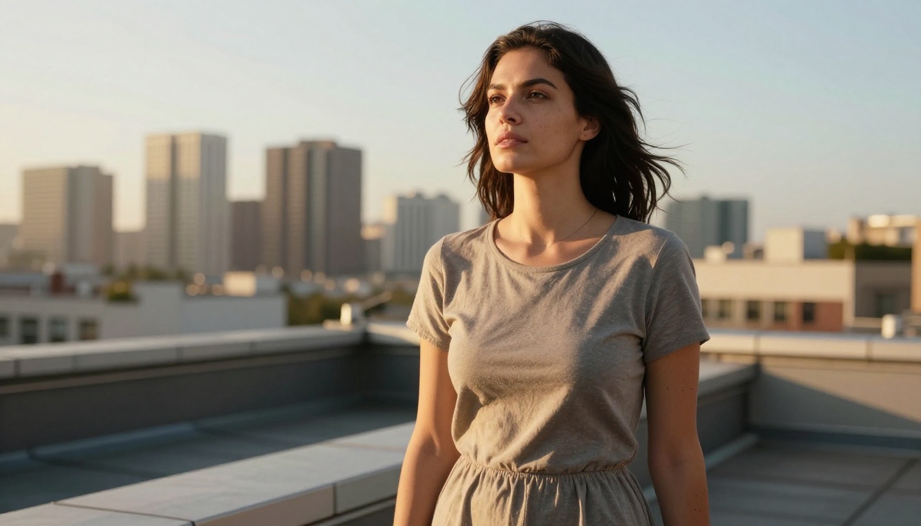 Low-angle photorealistic shot of a woman on a rooftop terrace at golden hour with blurred city skyline behind her