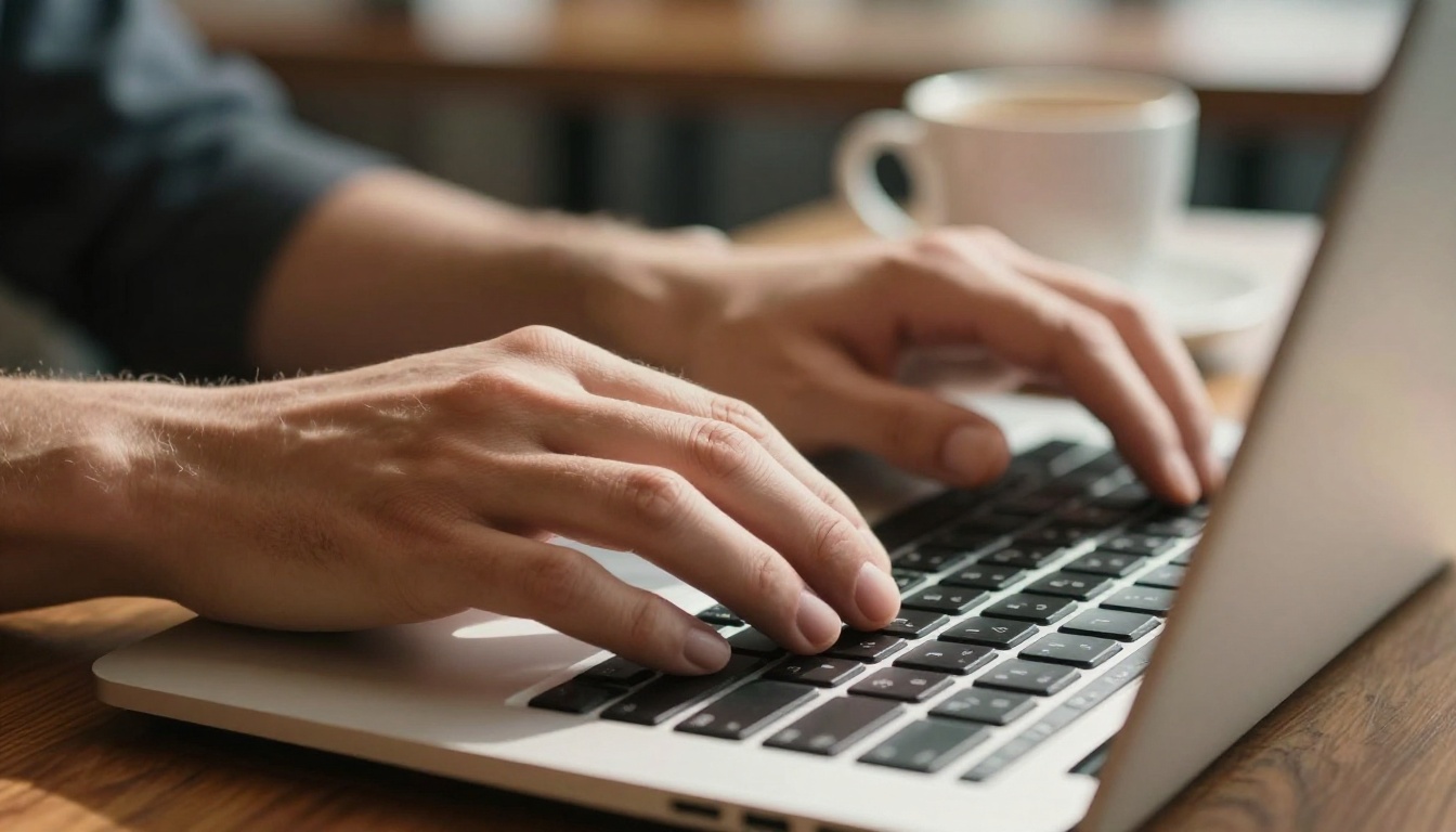 Photorealistic close-up of hands typing on a laptop with afternoon window light casting diagonal shadows across the keyboard