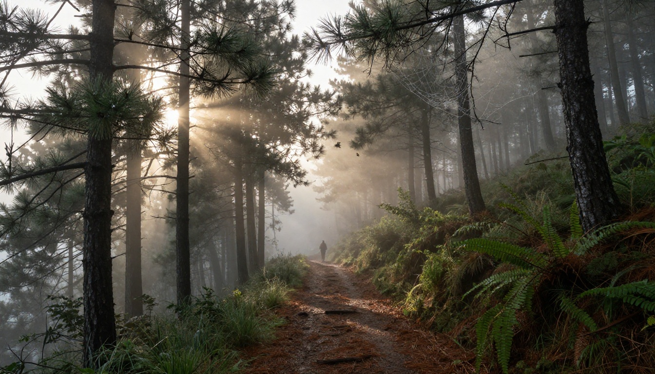 Misty mountain forest at early morning with shafts of golden sunlight breaking through pine tree canopy, lone hiker in the distance