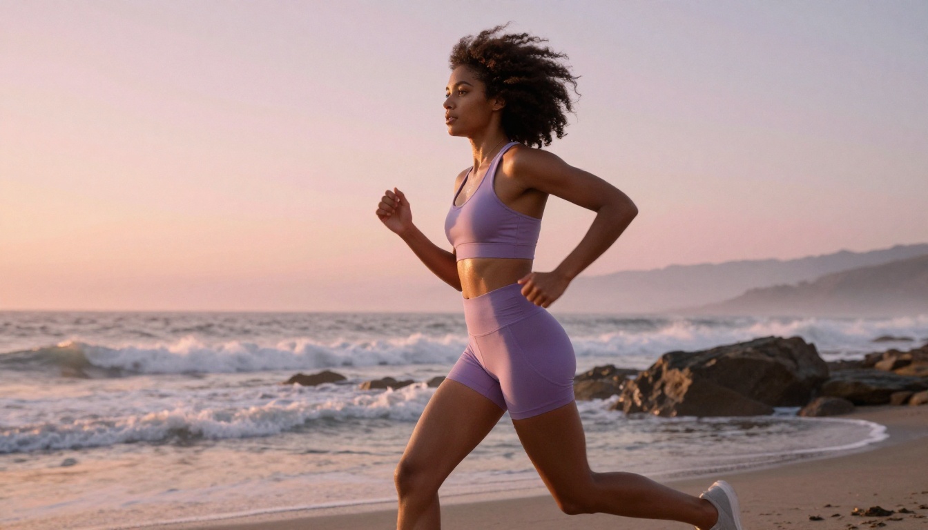 AI influencer in activewear running at sunrise along the coast