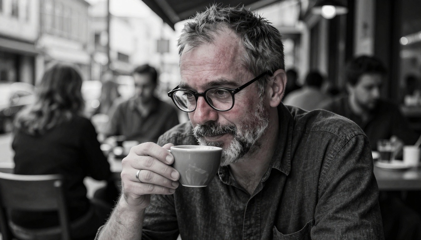 Photorealistic candid portrait of a middle-aged man with stubble reading in a cafe, natural window light from the left