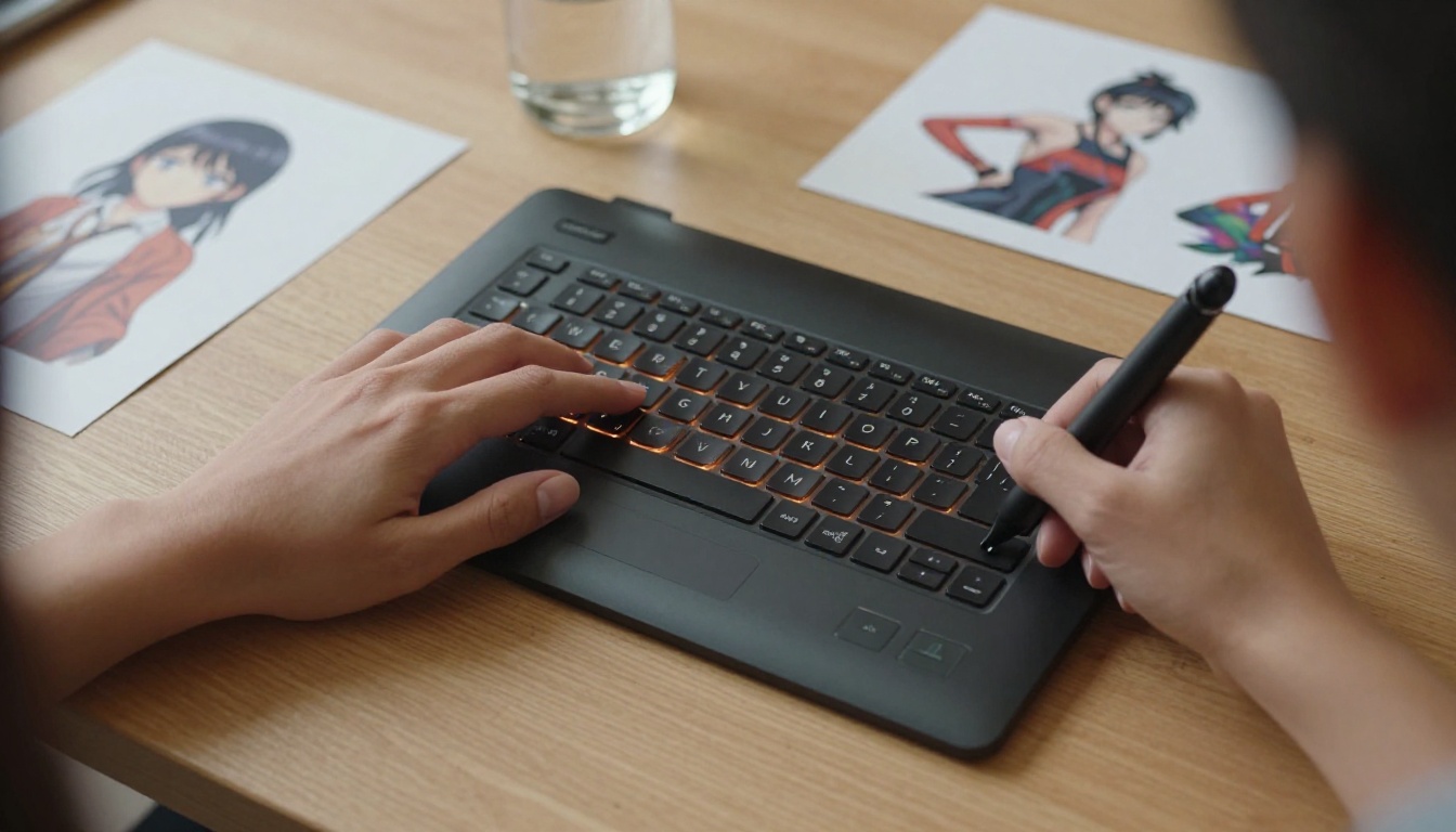 Hands typing on mechanical keyboard with drawing tablet nearby