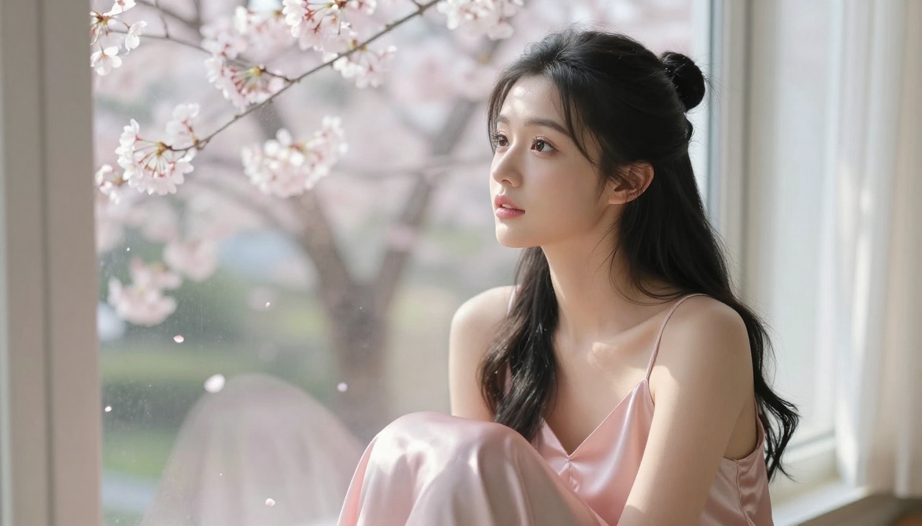 Beautiful woman by large window in soft morning light