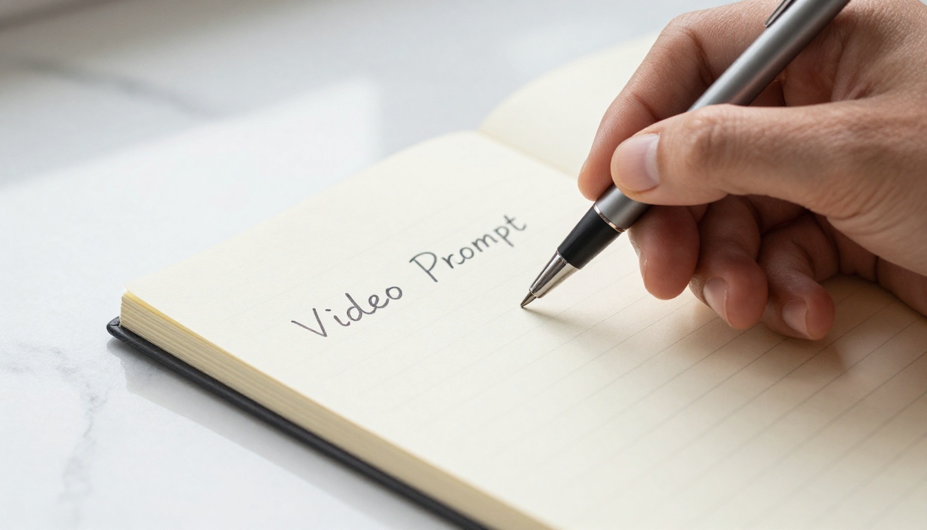 Hand writing structured video prompt notes in neat handwriting on a cream notepad
