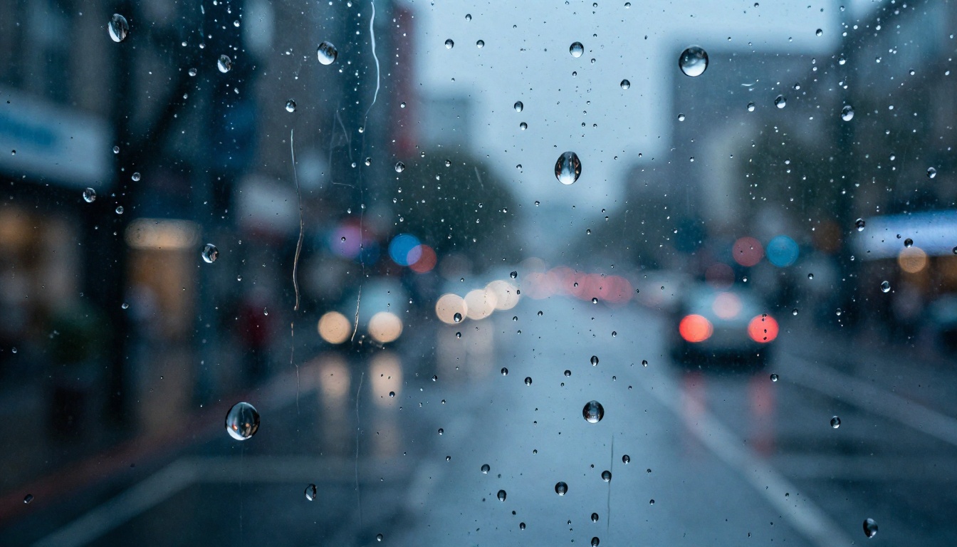 Photorealistic close-up of raindrops on a glass window pane with a blurred city street visible through the water droplets