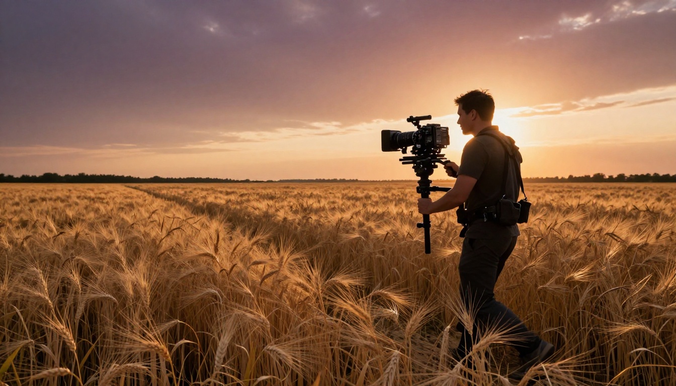 Steadicam operator walking through a golden wheat field at dusk with camera rig visible