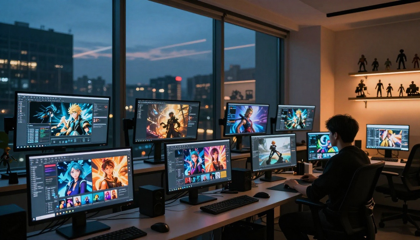 Modern creative studio with multiple monitors showing AI art software