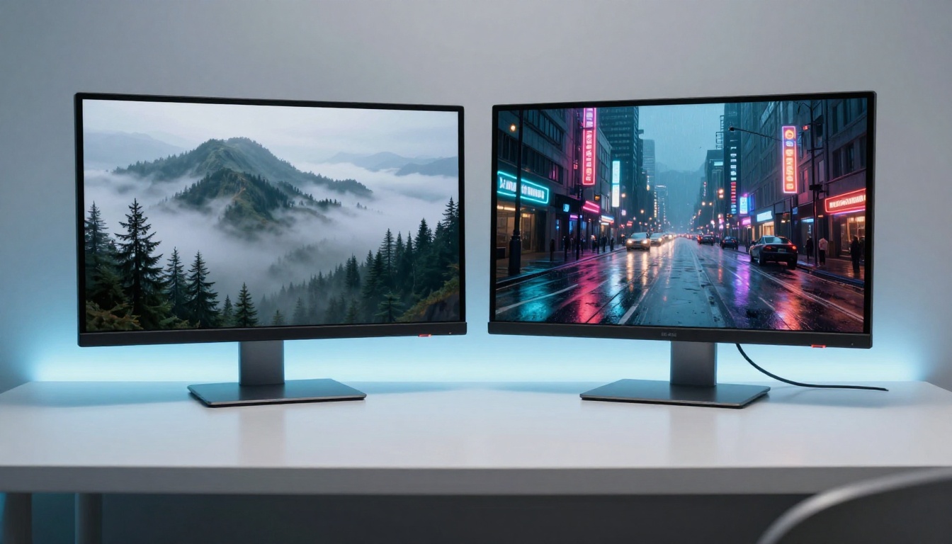 Two monitors side by side displaying contrasting AI-generated video frames