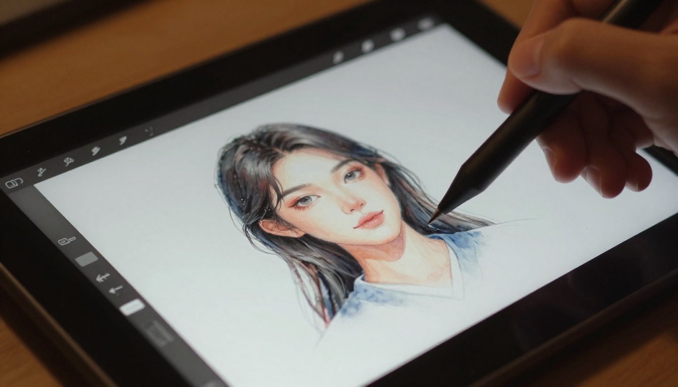 Close-up macro shot of drawing tablet with AI art in progress