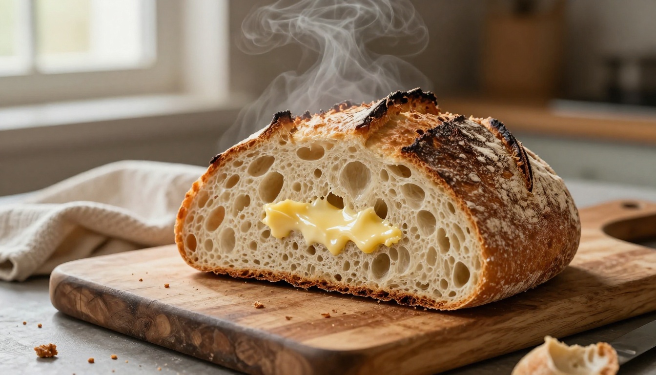 Photorealistic artisan sourdough bread on a wooden cutting board with steam rising, butter melting, natural window light from the left