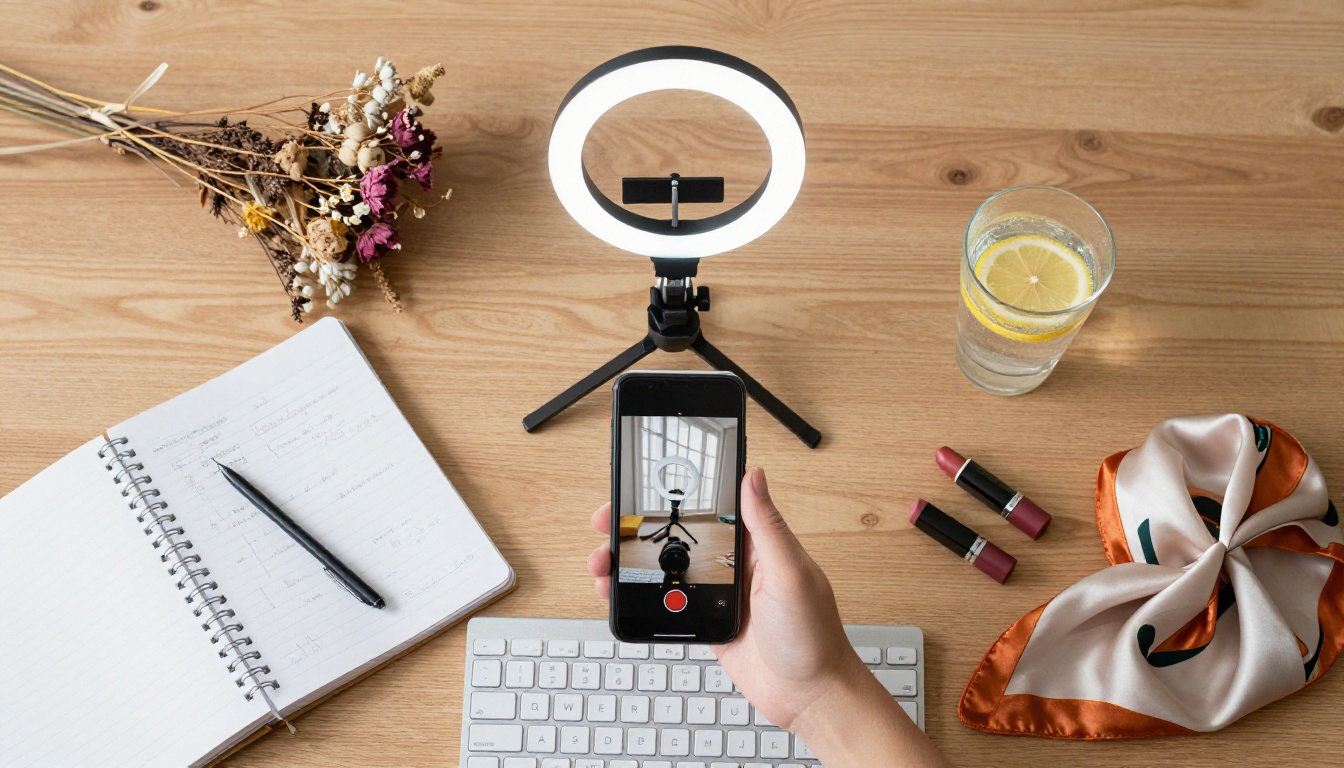 Content creator workspace flat lay with phone, notebook and creative tools