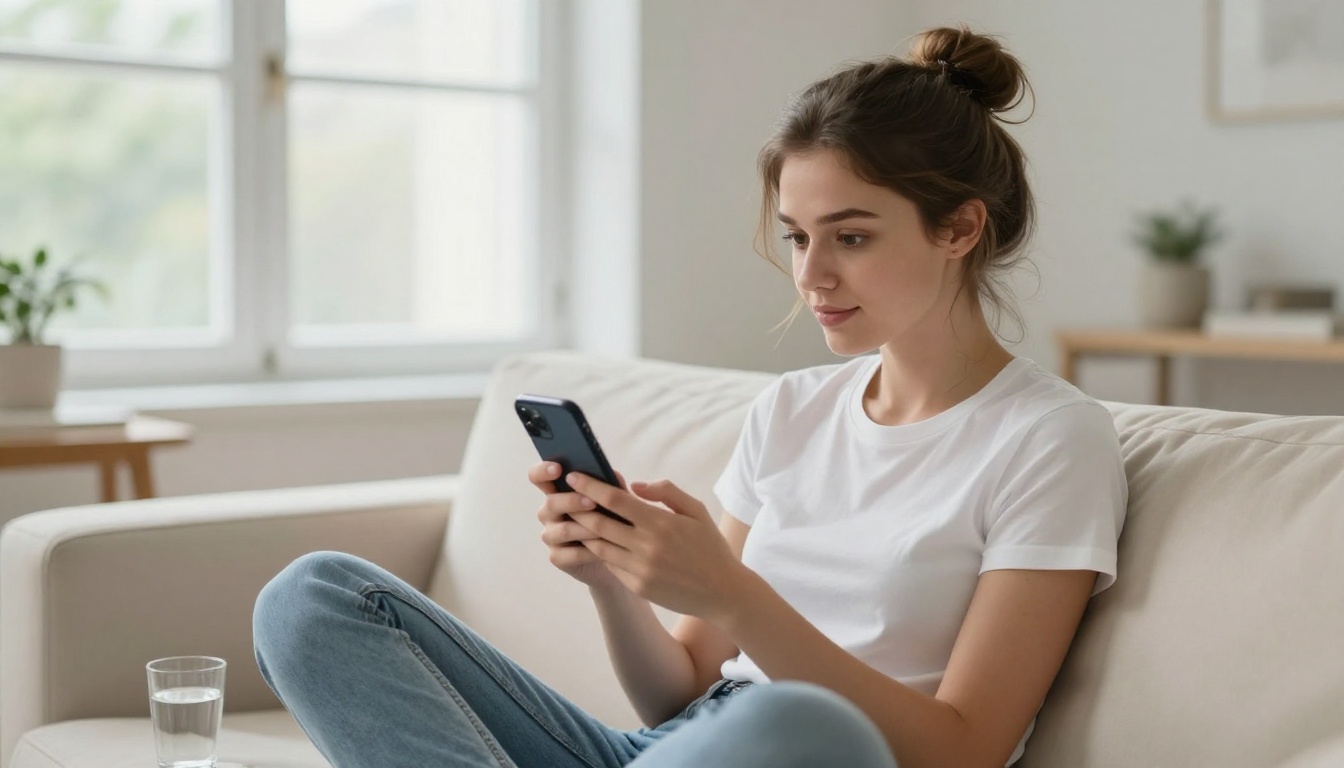 Young woman reviewing AI-generated video playback on smartphone while sitting cross-legged on a cream sofa