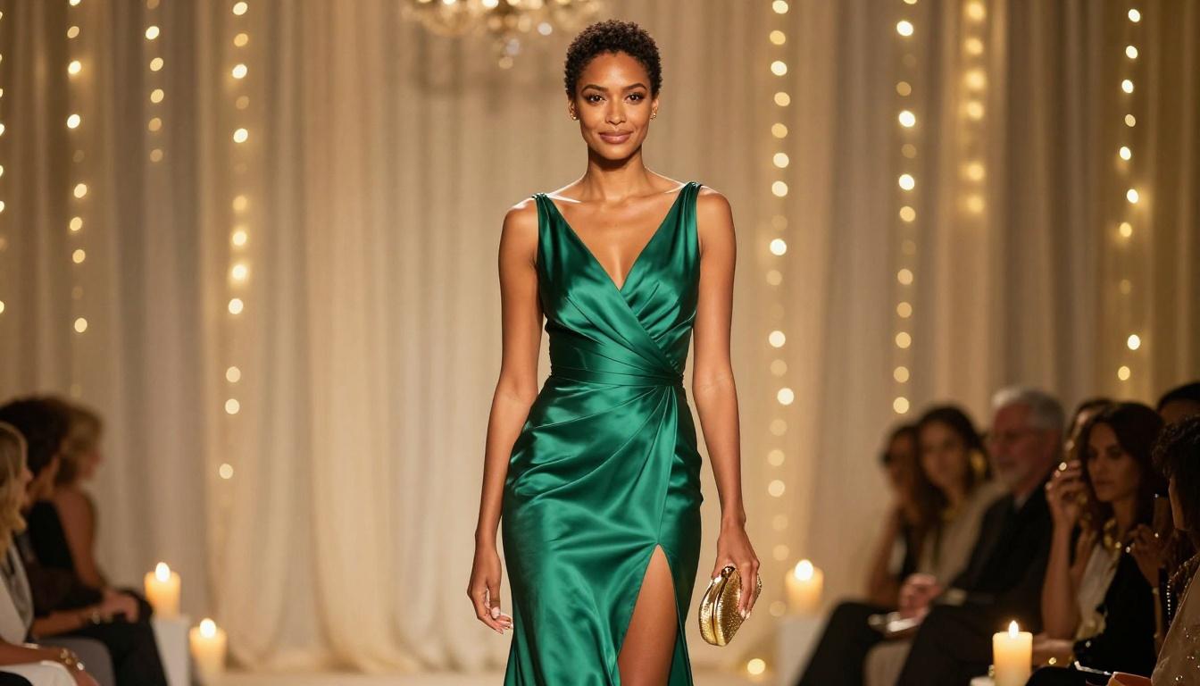 AI influencer in glamorous emerald evening gown at a luxury event venue