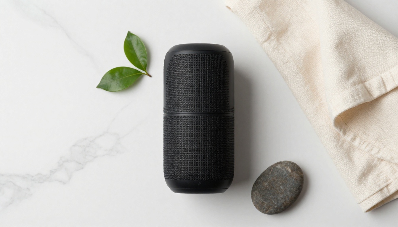 Minimalist aerial flat lay product photography of a matte black wireless speaker on white marble Minimalist aerial flat lay product photography of a matte black wireless speaker on white marble