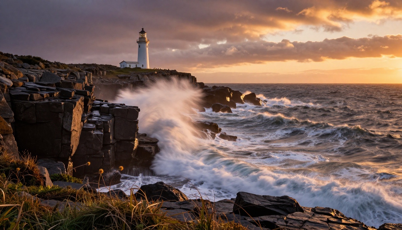Wide cinematic shot of a lone lighthouse on rugged coastal cliffs at golden sunset with massive waves crashing below Wide cinematic shot of a lone lighthouse on rugged coastal cliffs at golden sunset with massive waves crashing below
