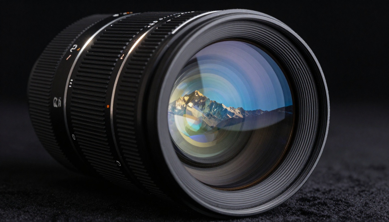 Extreme close-up macro of cinema camera prime lens reflecting a mountain landscape in curved optical glass