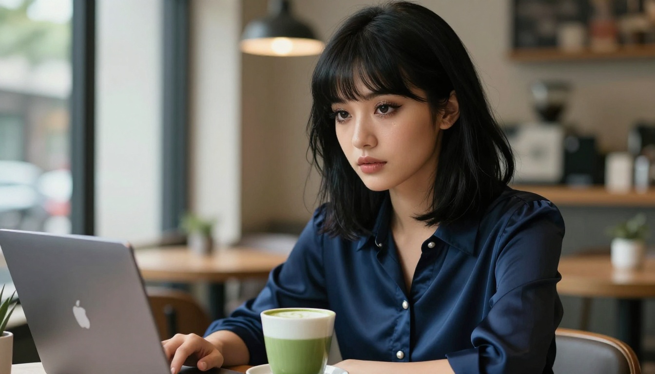 Young woman at café with laptop, creative work environment