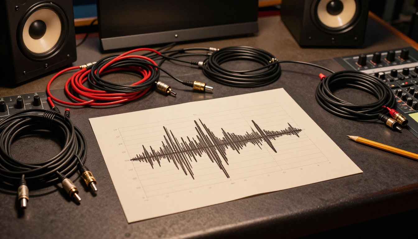 Audio waveform printed on cream paper resting on a professional studio mixing desk with coiled XLR cables Audio waveform printed on cream paper resting on a professional studio mixing desk with coiled XLR cables