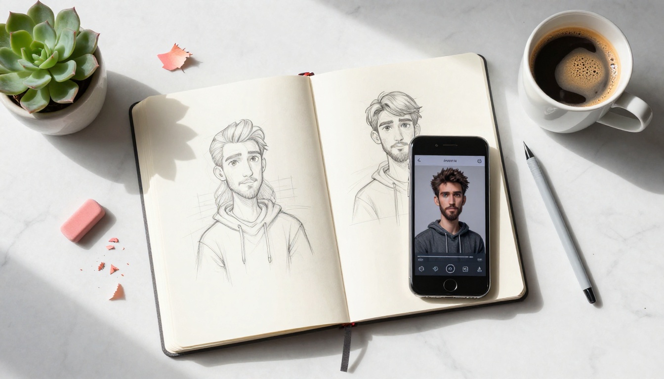 Creative desk flat-lay with sketchbook, stylus, and character design materials